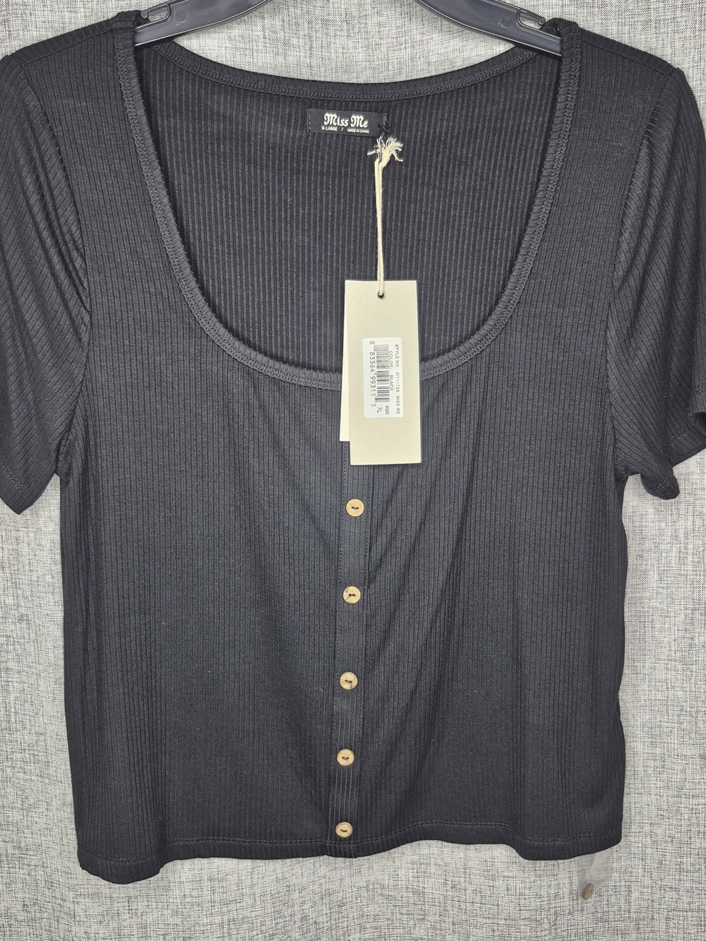 Miss Me Black Ribbed Short Sleeve Top